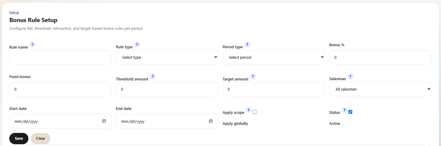 Vendro bonus rule setup with rule type, threshold amount, bonus percentage, and scope fields.