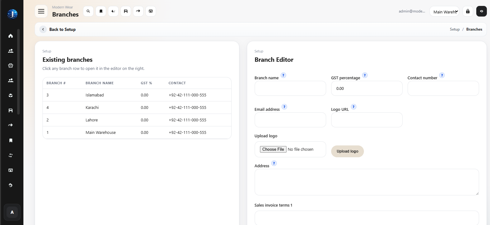Vendro branch setup screen with branch list, branch editor, GST percentage, logo upload, and contact fields.