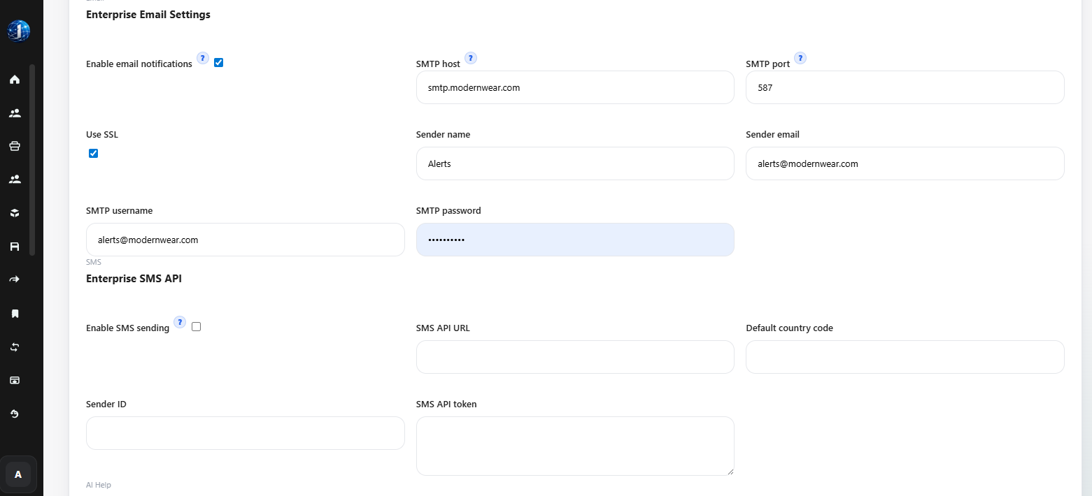 Vendro enterprise email and SMS setup showing SMTP, sender identity, and SMS API fields.