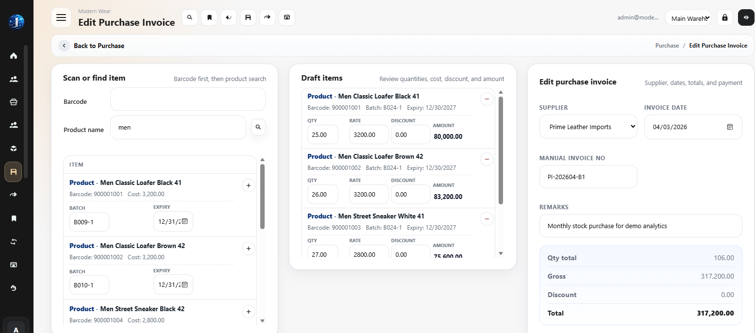 Vendro purchase invoice editor showing draft items, supplier details, invoice date, and totals.