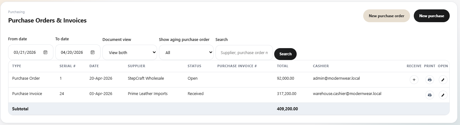 Vendro purchase orders and invoices view with document filters, search, supplier history, and conversion actions.