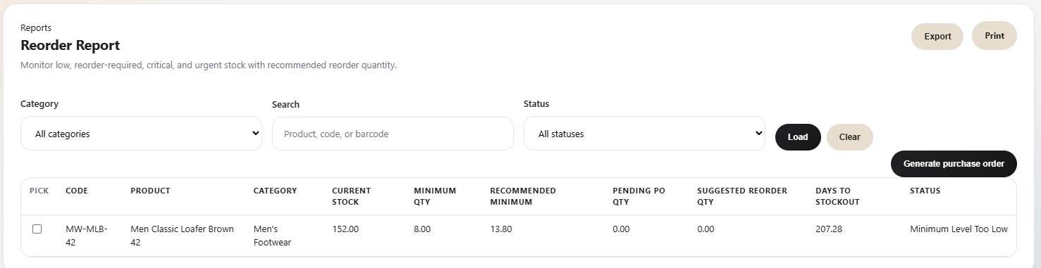 Vendro reorder report showing product stock, recommended reorder quantity, pending purchase order quantity, and generate purchase order action.