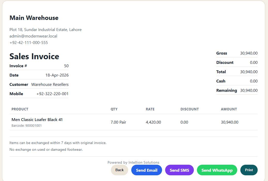 Vendro sales invoice screen showing invoice output and delivery actions.