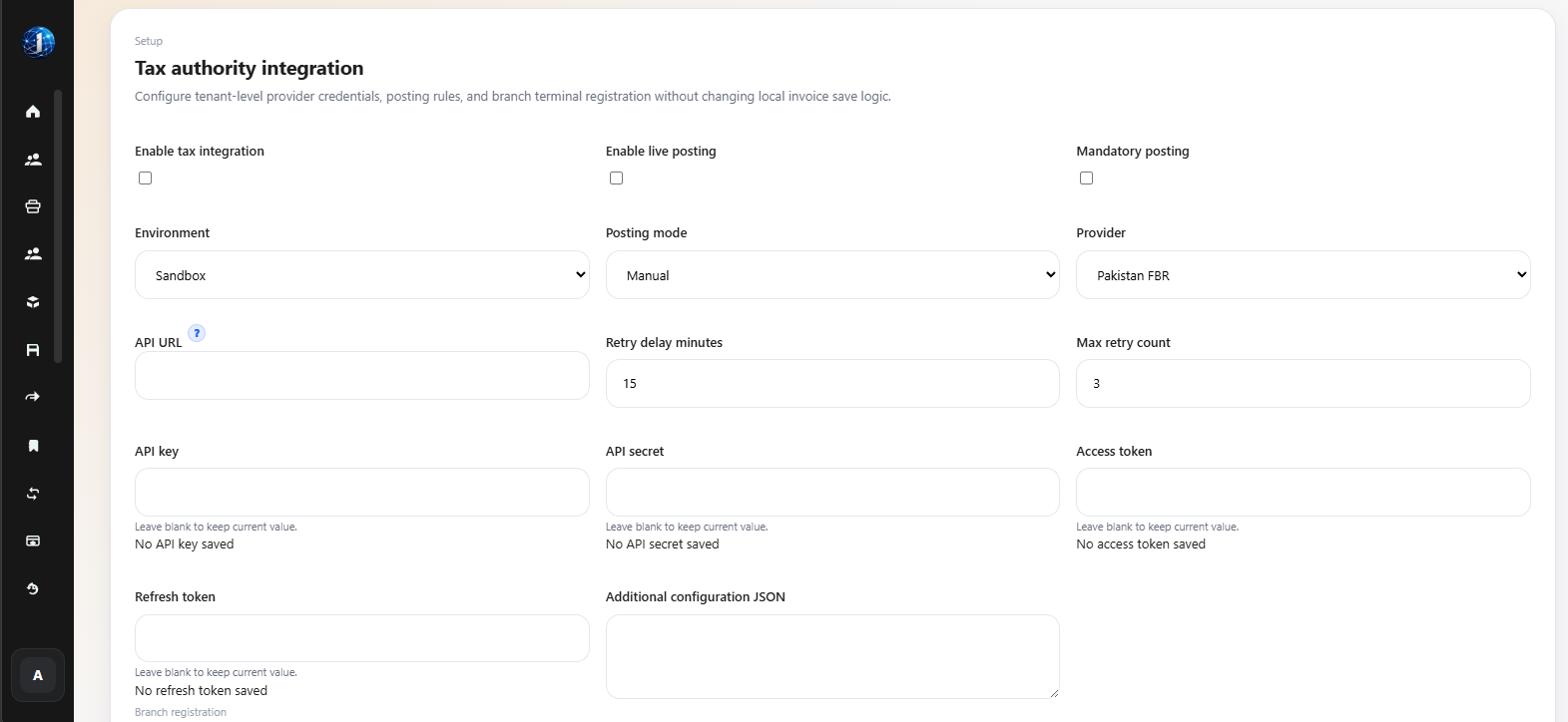 Vendro tax authority integration setup with provider selection, posting mode, environment, and credential fields.