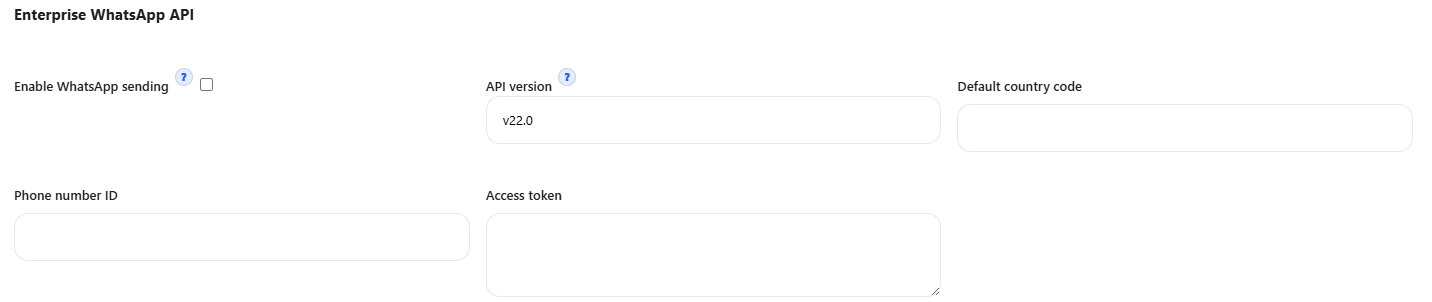 Vendro WhatsApp API setup showing version, country code, phone number ID, and token fields.